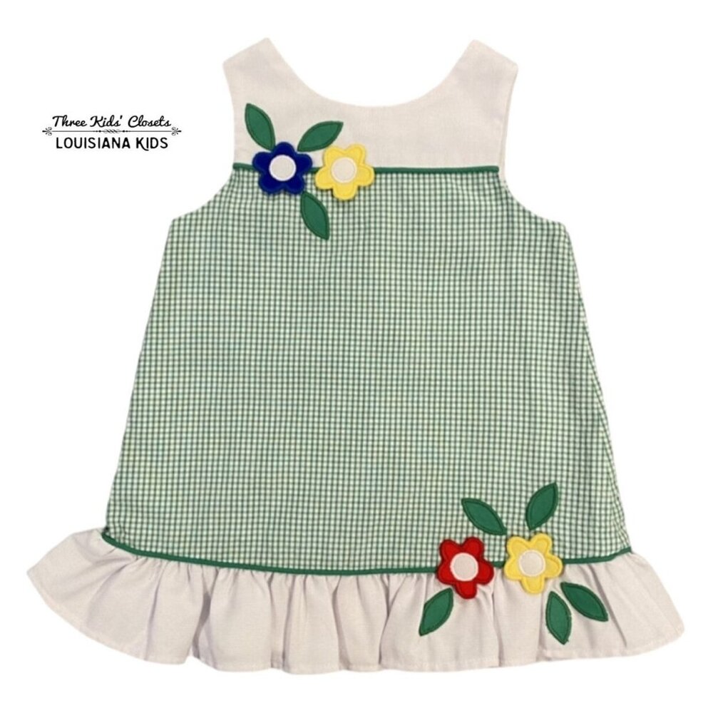 Florence Eiseman 12m Green Gingham Flower Appliqué Dress